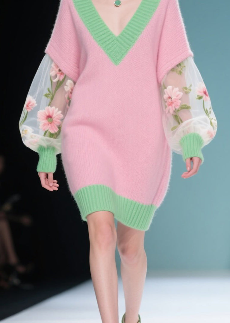 New Colorblock V Neck Tulle Patchwork Knit Sweater Dress Fall