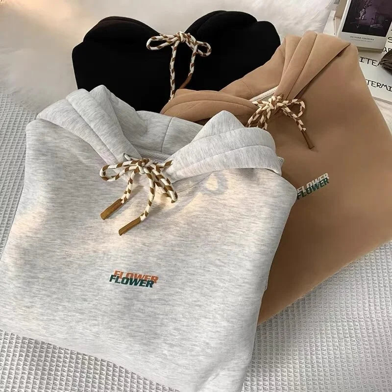 FLOWER Letter Print Y2K Fleece Hoodie