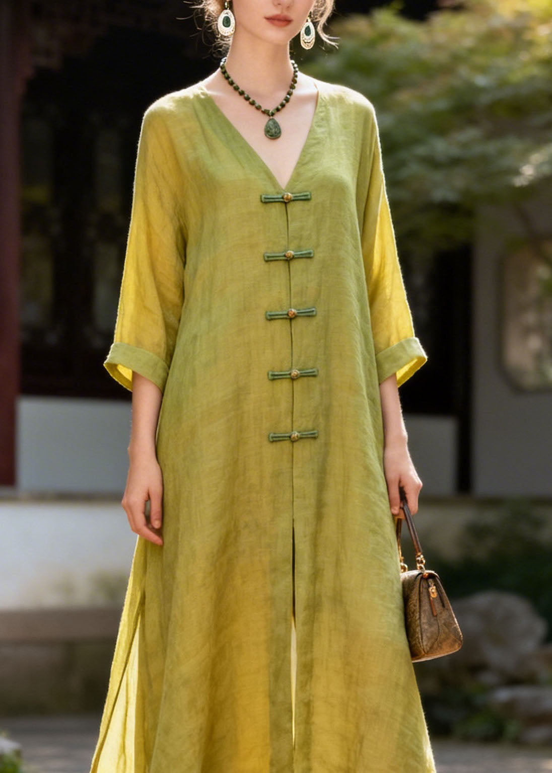 New Green V Neck Patchwork Chinese Button Cotton Maxi Dresses Summer