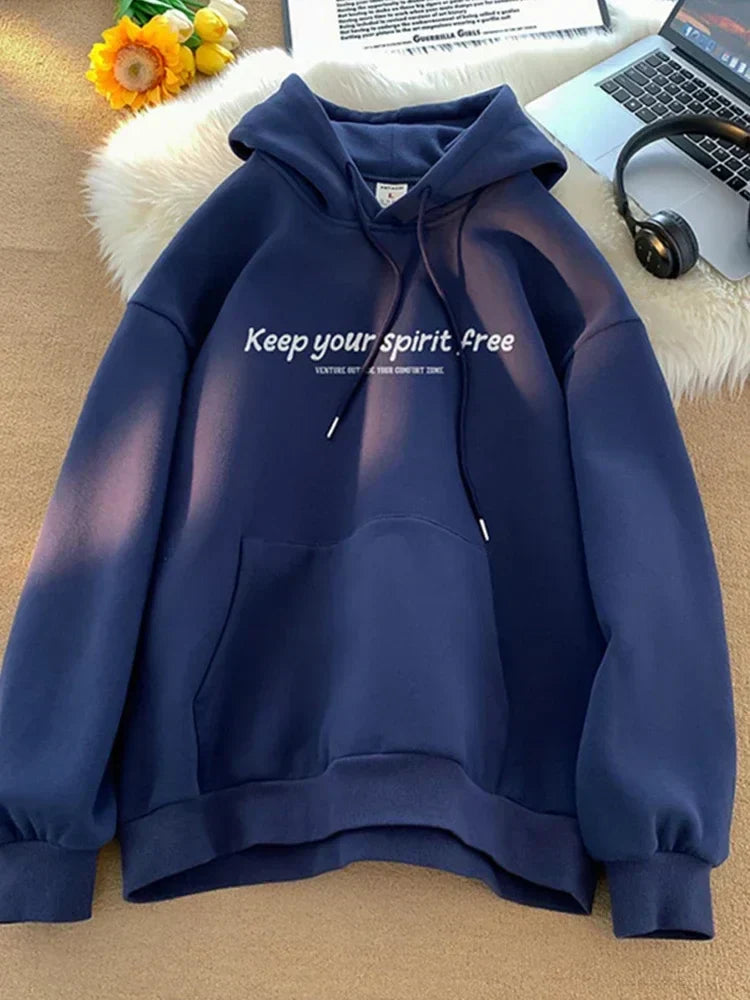 Spirit Free Letter Printed Hoodie Navy Blue / M(40-45KG)