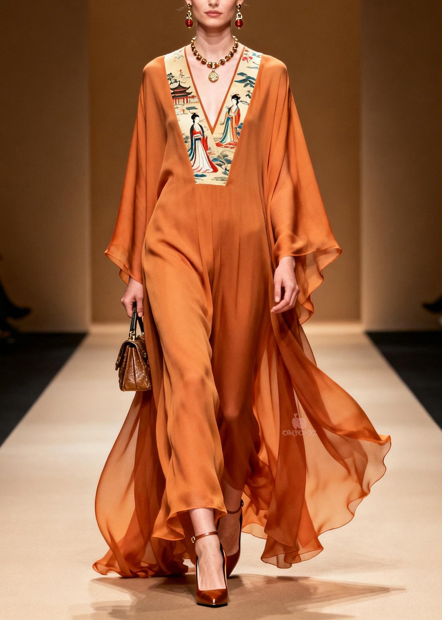 New Orange V Neck Print Patchwork Chiffon Long Dress Spring