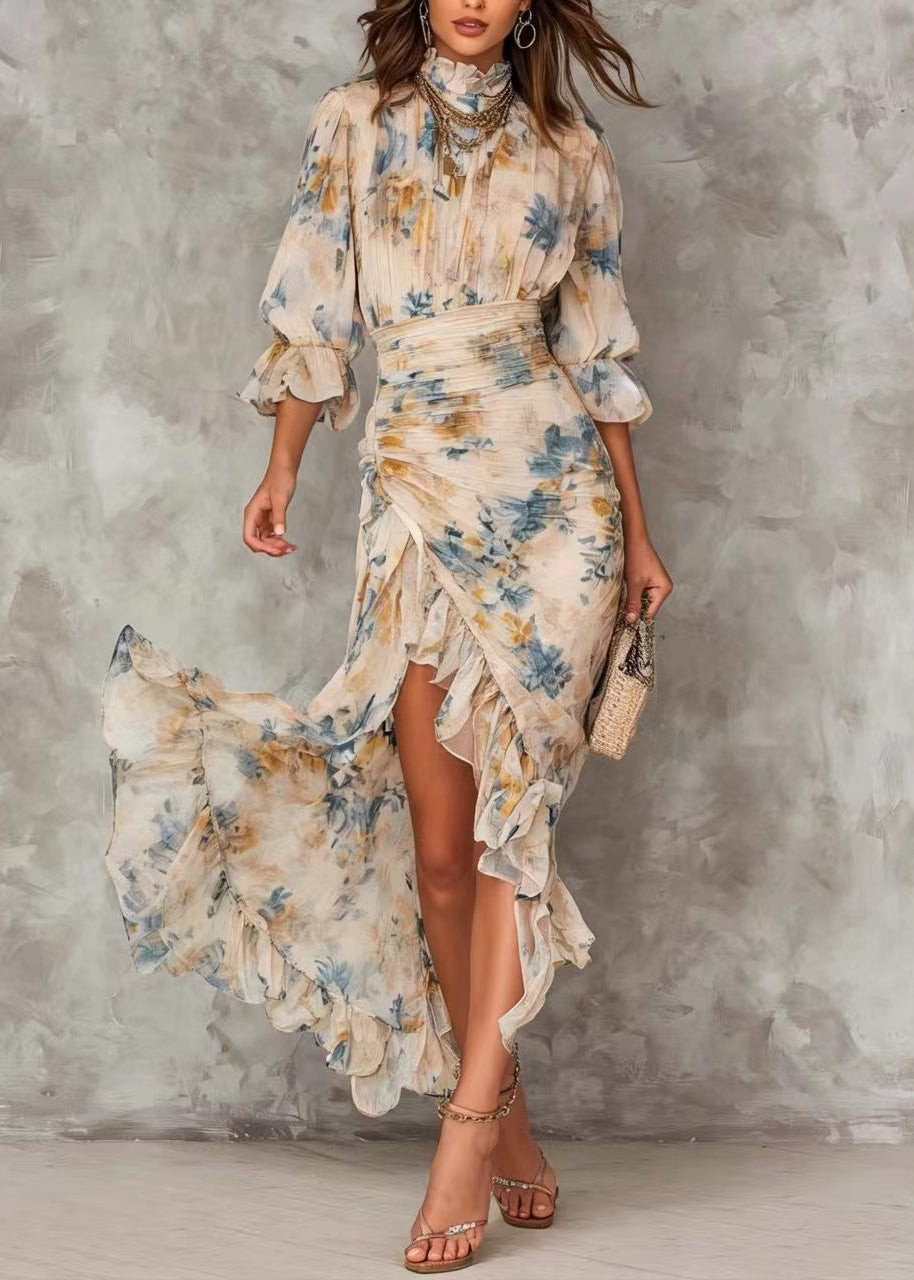 New Print Hign Neck Asymmetrical Design Ruffled Patchwork Chiffon Dress Summer