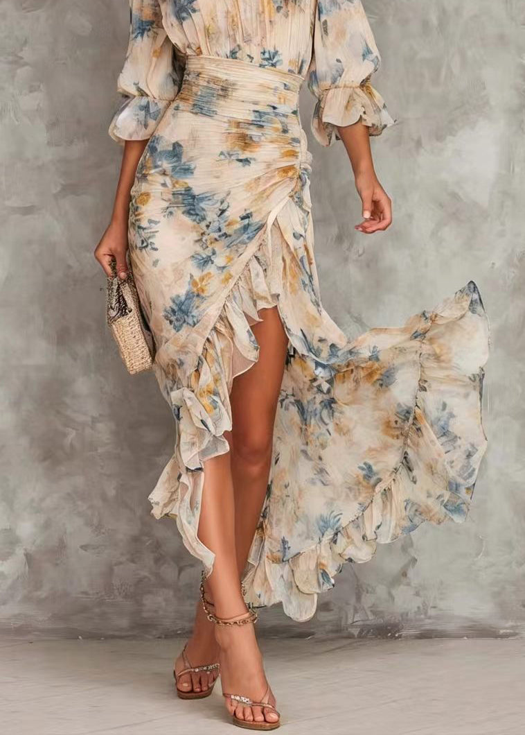 New Print Hign Neck Asymmetrical Design Ruffled Patchwork Chiffon Dress Summer