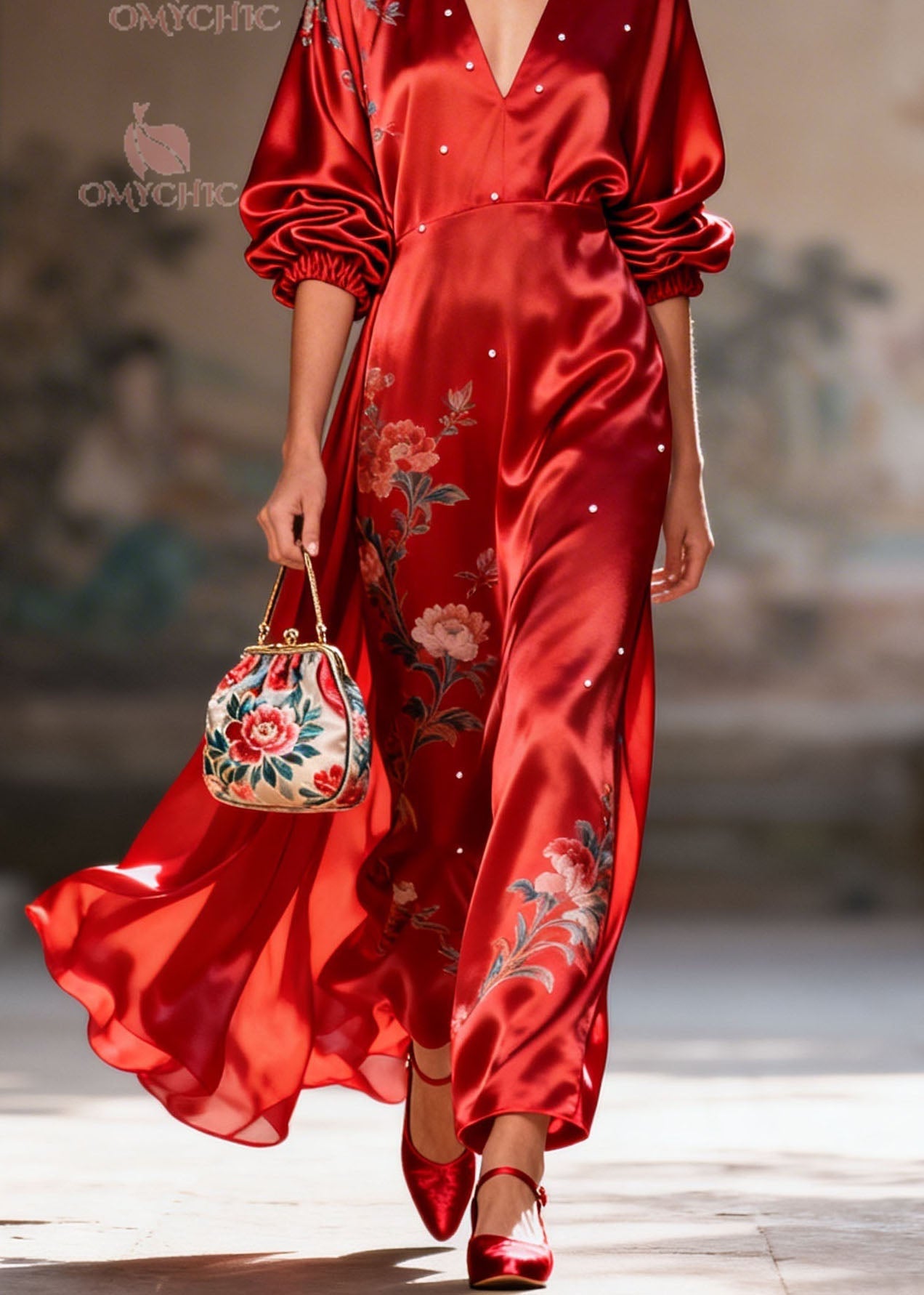 New Red V Neck Print Pearl Silk Long Dress Summer