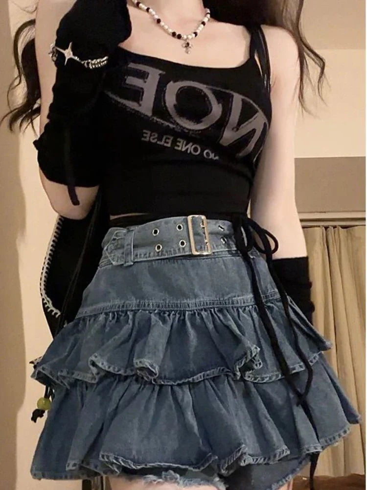 Retro Ruffled Fake Twopiece High Waist Cake Denim Skirt