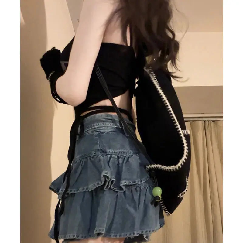 Retro Ruffled Fake Twopiece High Waist Cake Denim Skirt