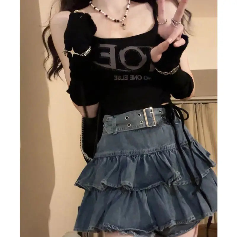 Retro Ruffled Fake Twopiece High Waist Cake Denim Skirt