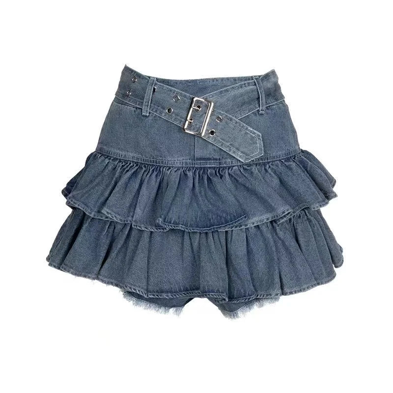 Retro Ruffled Fake Twopiece High Waist Cake Denim Skirt