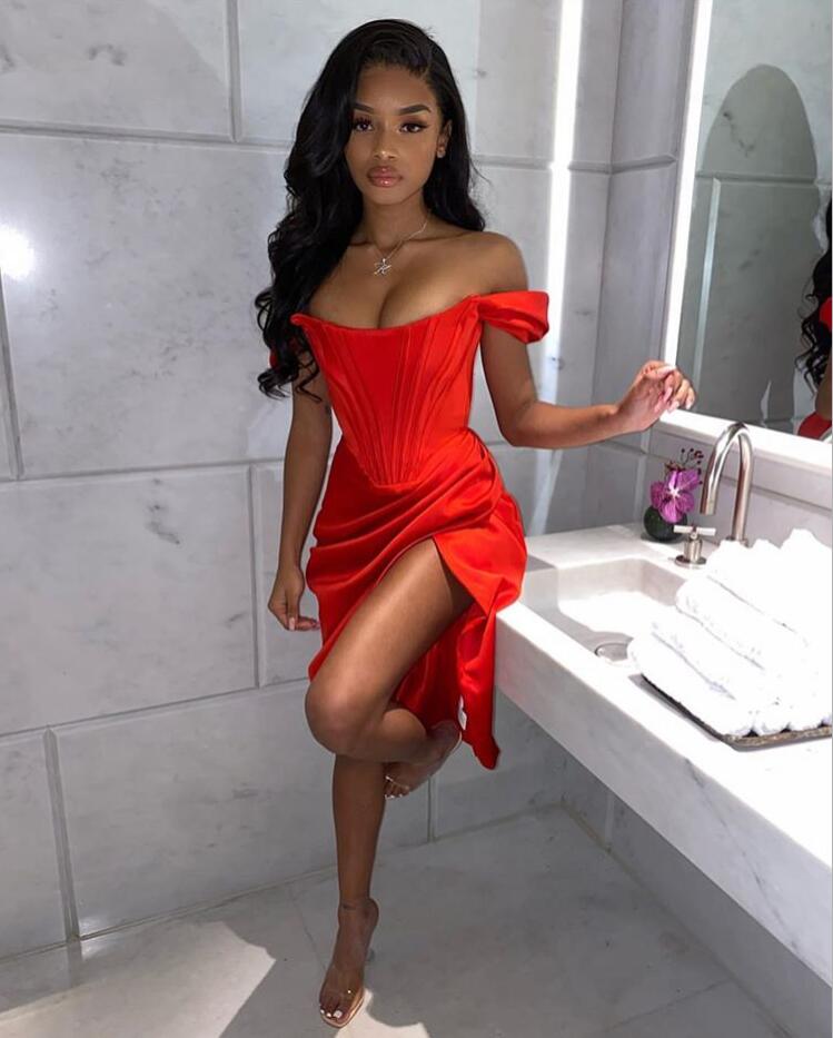 Runway Fashion OffShoulder Split Red Corset Dress