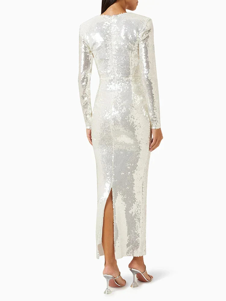 New Sexy Long Sleeves Luxury Sequins Slim Dress Hollow Flower Party Dress