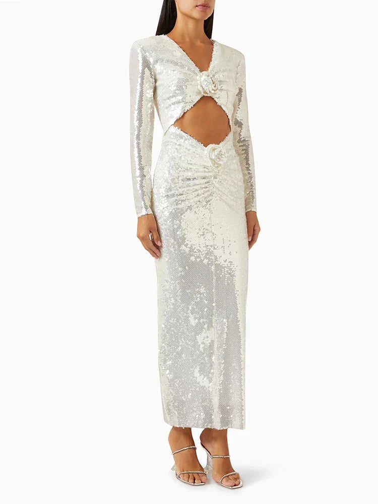 New Sexy Long Sleeves Luxury Sequins Slim Dress Hollow Flower Party Dress