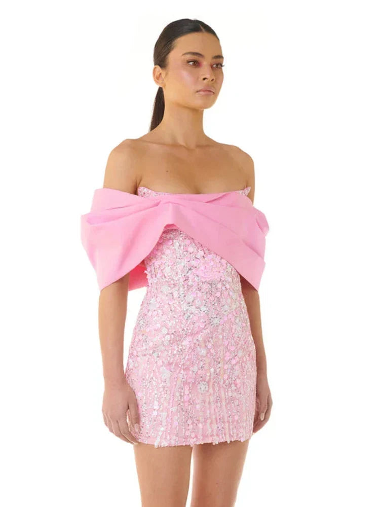 New Sexy Off Shoulder Sequins Pink Slash Neck Sparkly Elegant Party Dress