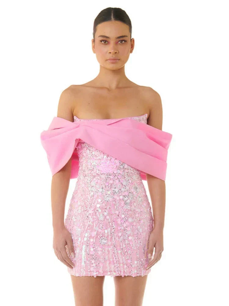 New Sexy Off Shoulder Sequins Pink Slash Neck Sparkly Elegant Party Dress