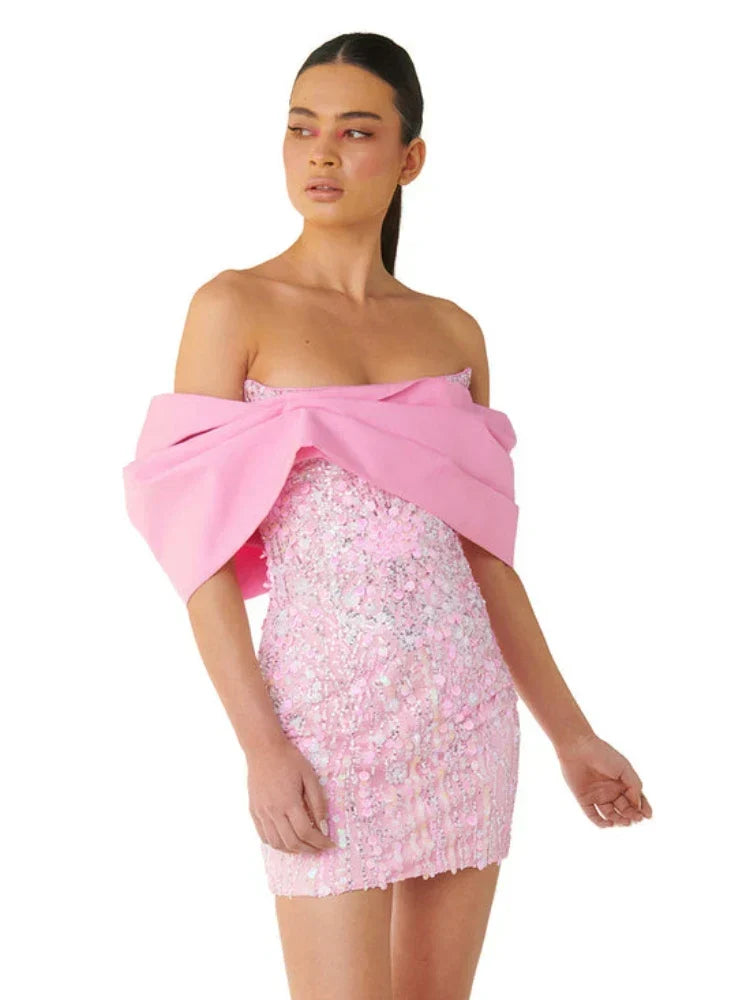 New Sexy Off Shoulder Sequins Pink Slash Neck Sparkly Elegant Party Dress