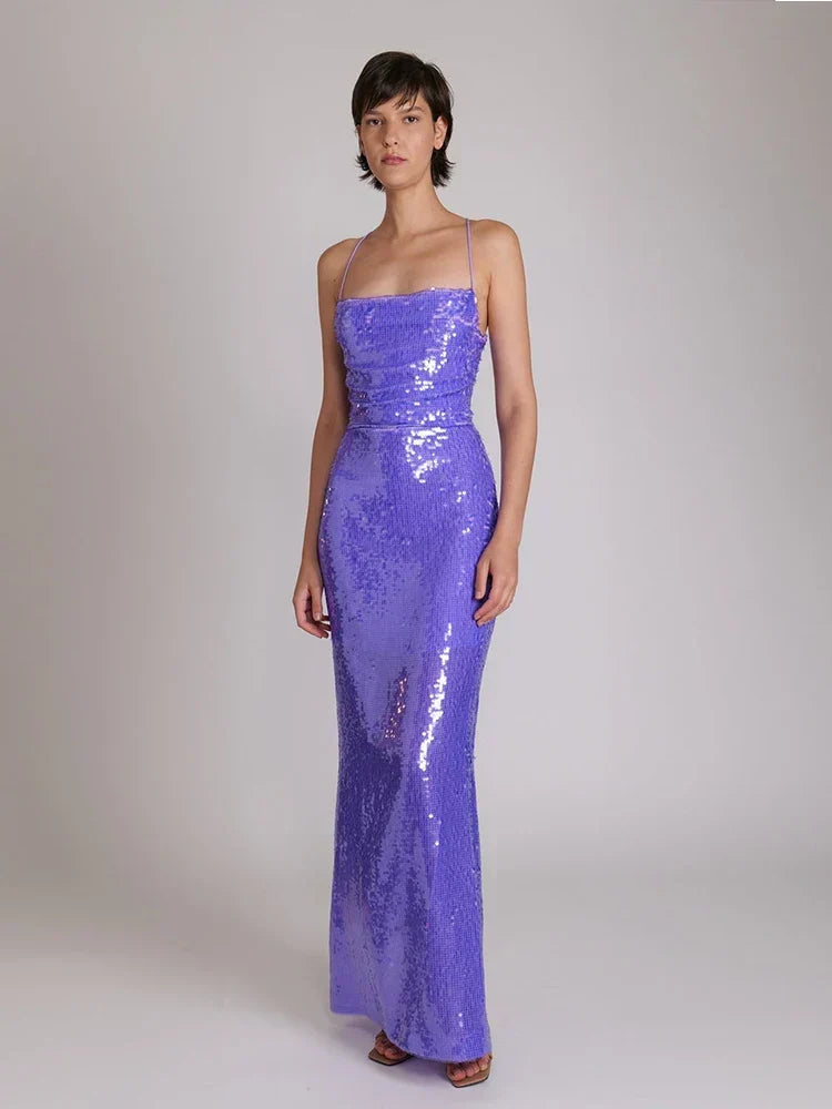 New Sexy Sleeveless Backless Lace-up Slim Long Dress Bright Sequins Party Dress