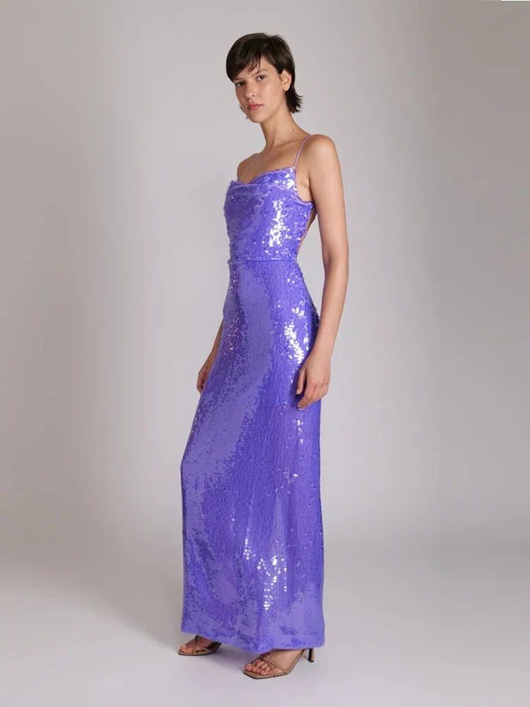 New Sexy Sleeveless Backless Lace-up Slim Long Dress Bright Sequins Party Dress