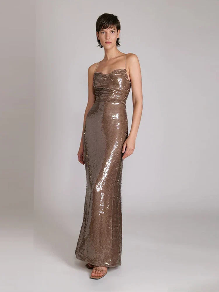 New Sexy Sleeveless Backless Lace-up Slim Long Dress Bright Sequins Party Dress