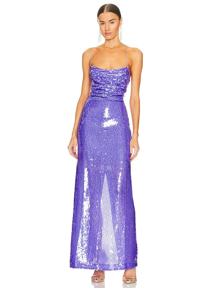 New Sexy Sleeveless Backless Lace-Up Slim Long Dress Bright Sequins Christmas Party Lavender / S