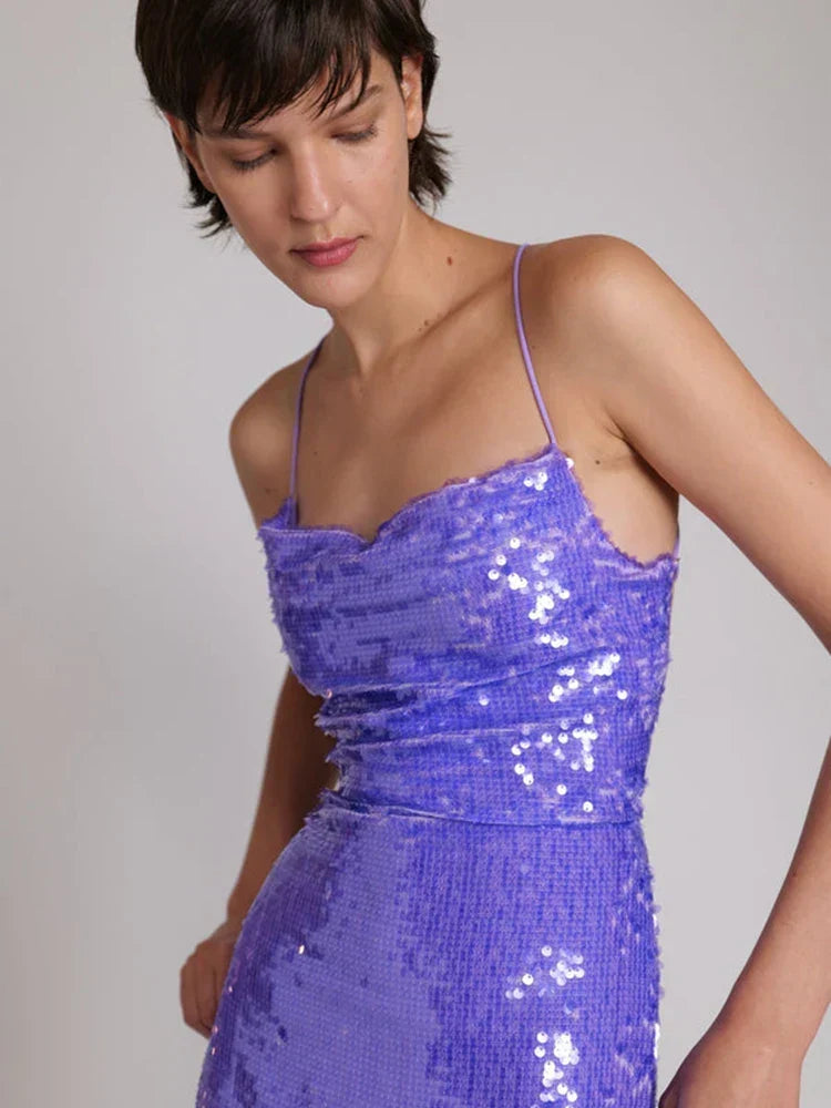 New Sexy Sleeveless Backless Lace-up Slim Long Dress Bright Sequins Party Dress