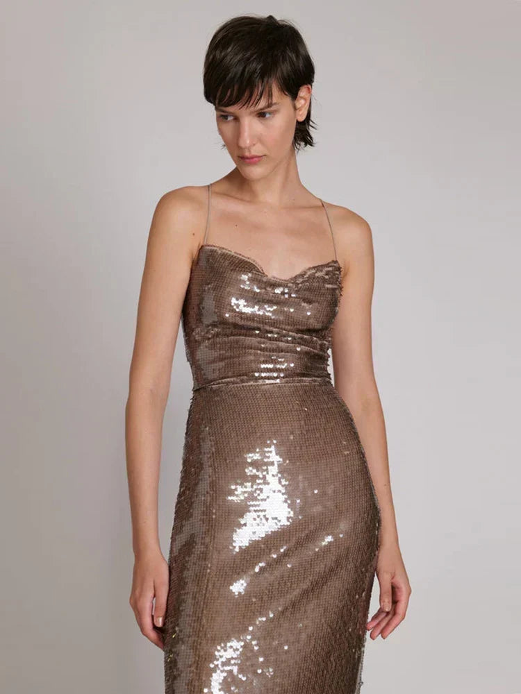 New Sexy Sleeveless Backless Lace-up Slim Long Dress Bright Sequins Party Dress