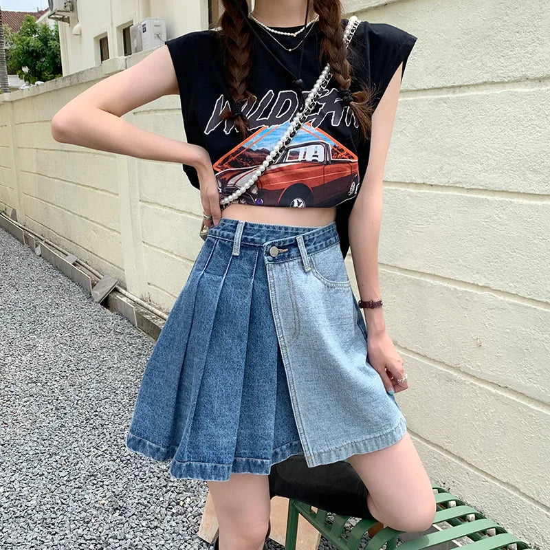 Streetwear Fashion Denim Contrast Color Patchwork Aline Mini Skirt