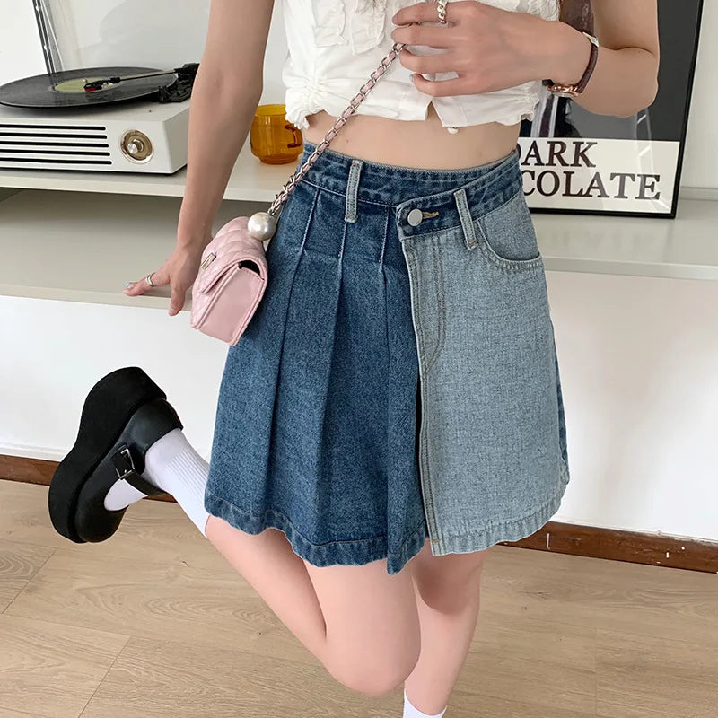 Streetwear Fashion Denim Contrast Color Patchwork Aline Mini Skirt