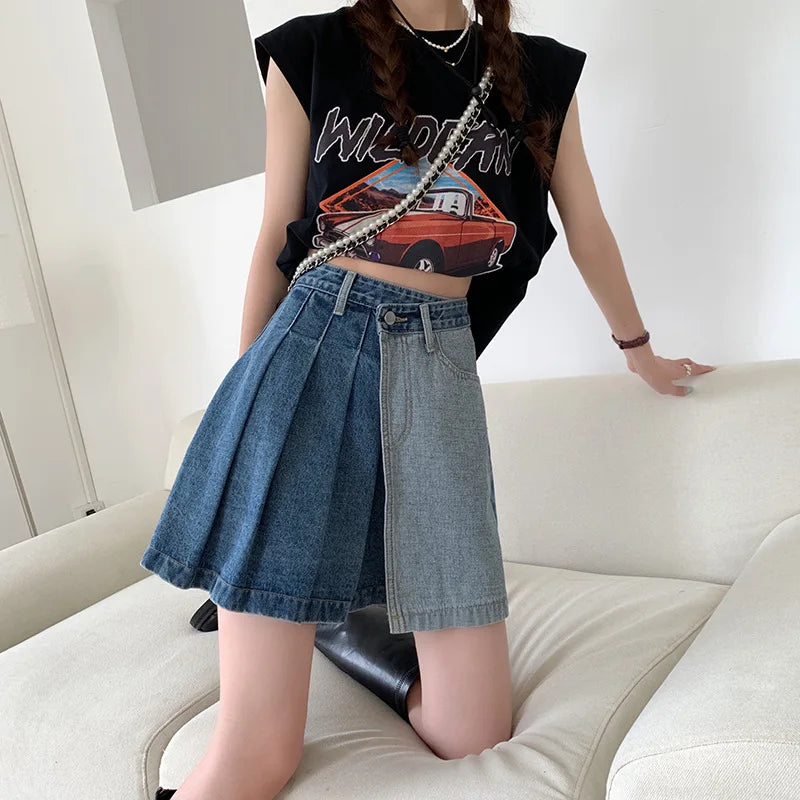 Streetwear Fashion Denim Contrast Color Patchwork Aline Mini Skirt