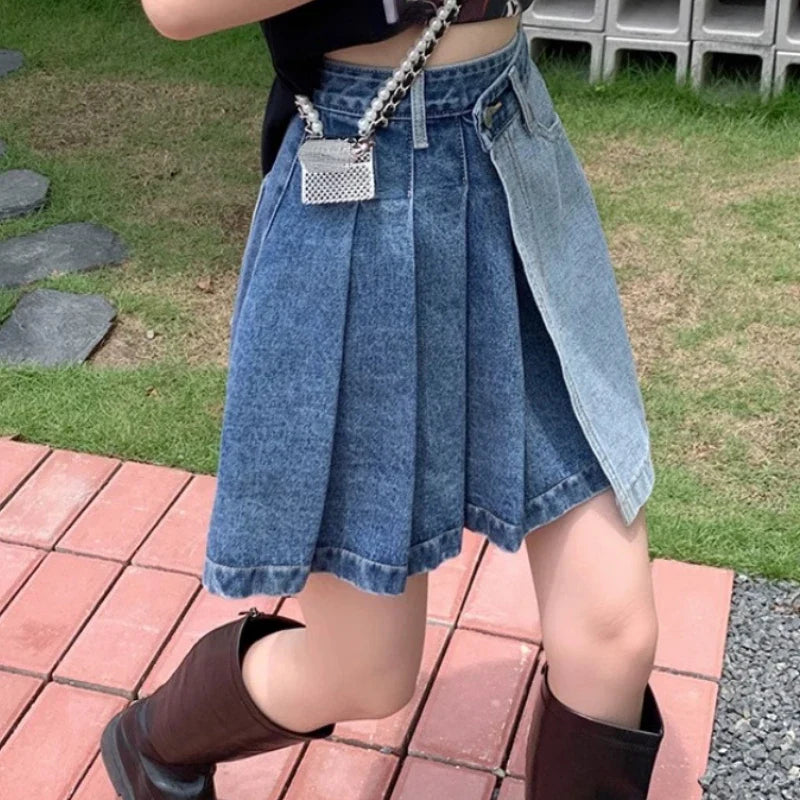 Streetwear Fashion Denim Contrast Color Patchwork Aline Mini Skirt