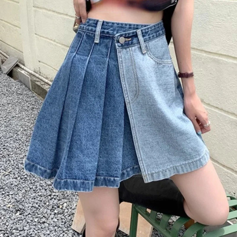 Streetwear Fashion Denim Contrast Color Patchwork Aline Mini Skirt