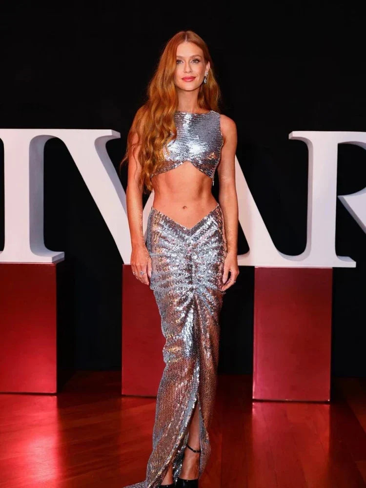 New Summer Silver Fashion Sequins Two-Piece Set Sleeveless Skirt Party Dress