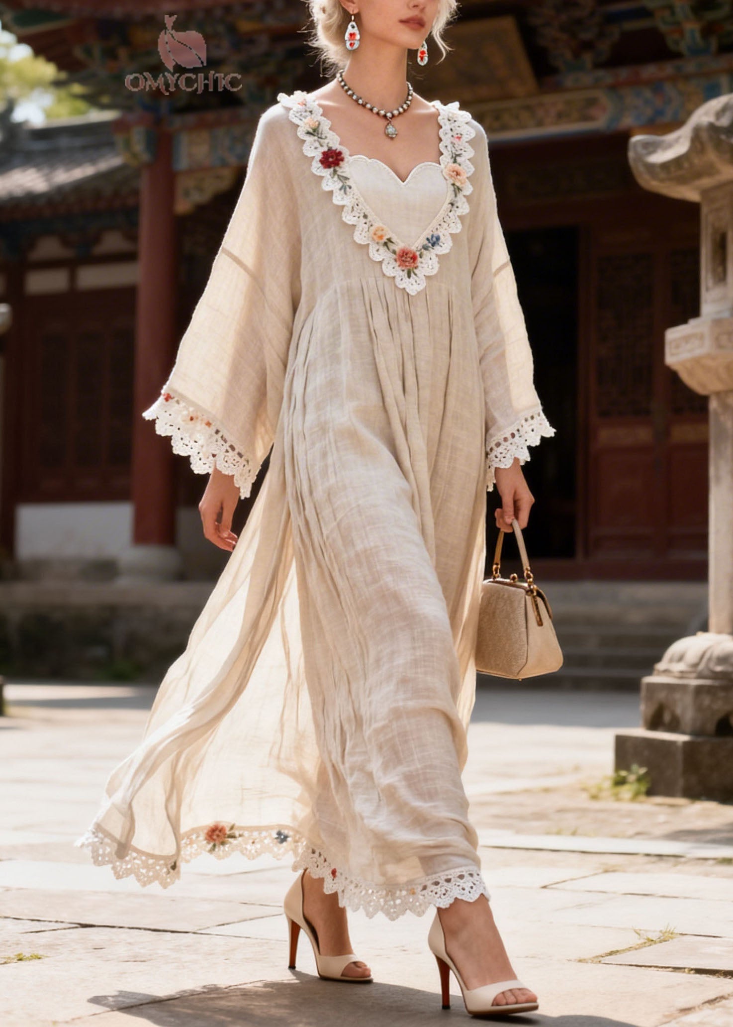 New V Neck Lace Floral Patchwork Cotton Dress Summer