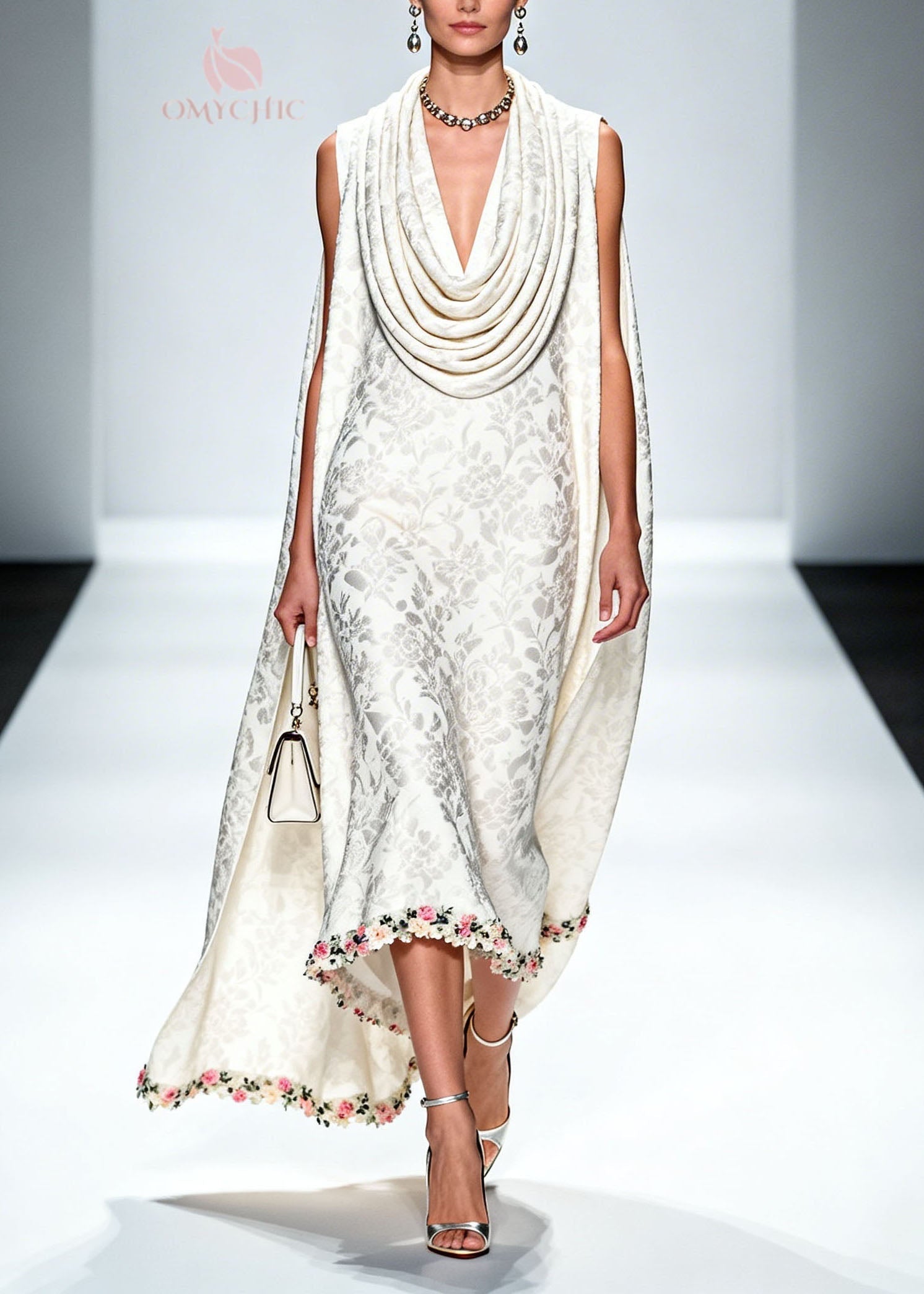 New White Draped Neckline Print Patchwork Silk Maxi Dress Summer