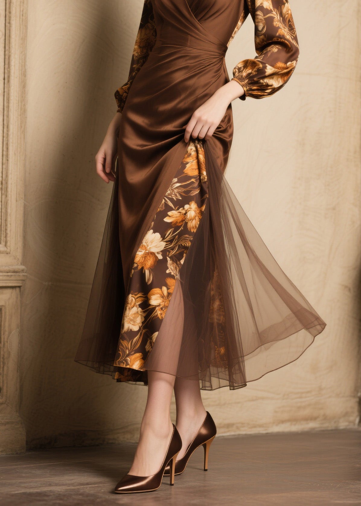 New Women V Neck Print Tulle Patchwork Silk Dress Spring