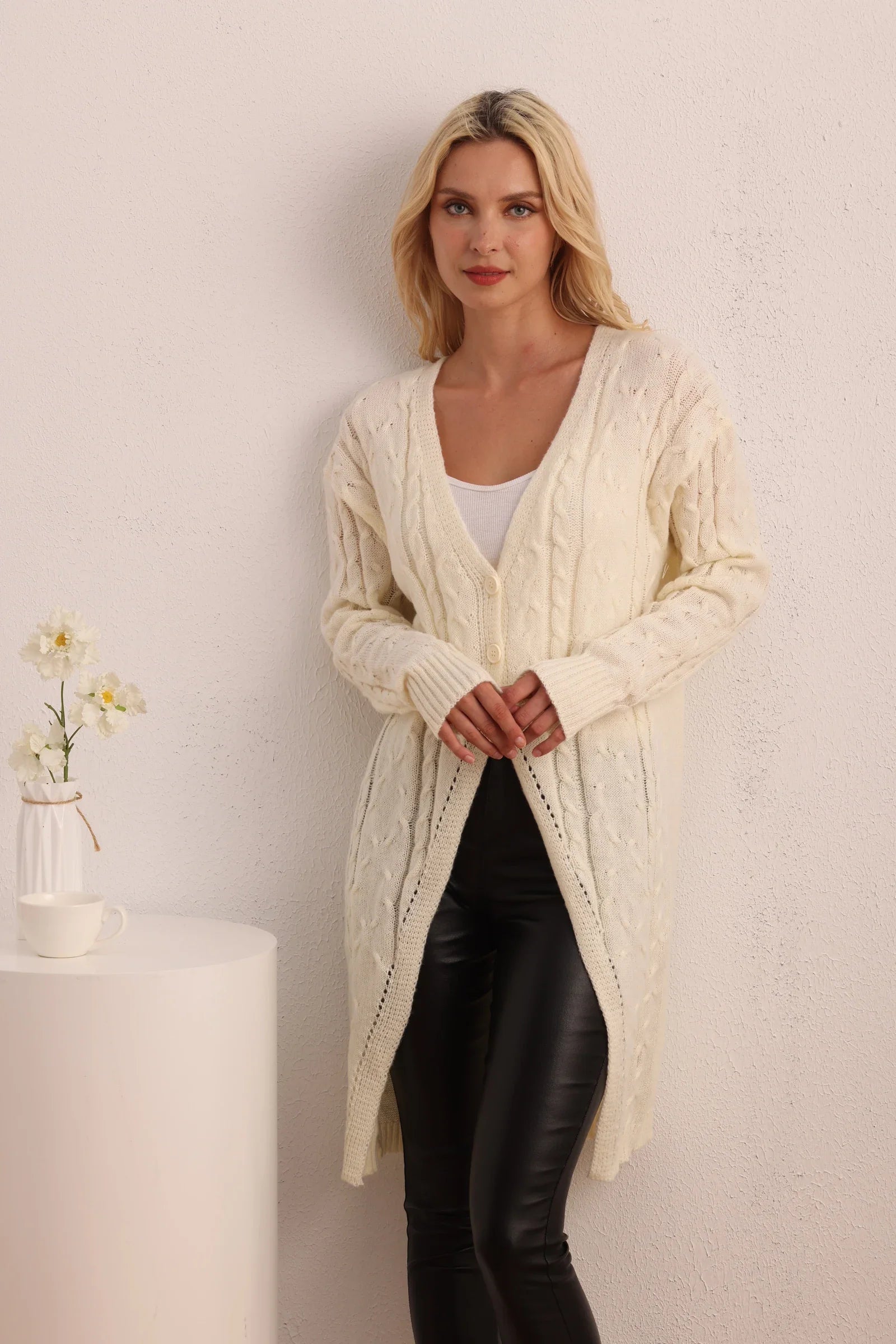 New Casual Long Knitted LongSleeved Twist Button Cardigan