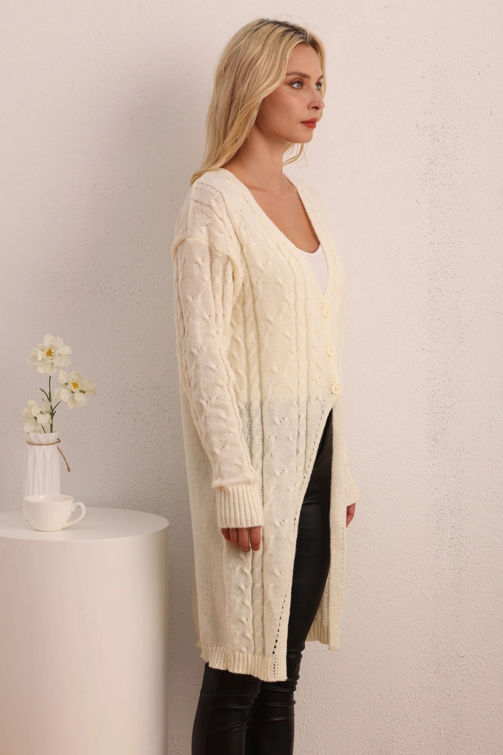 New Casual Long Knitted LongSleeved Twist Button Cardigan