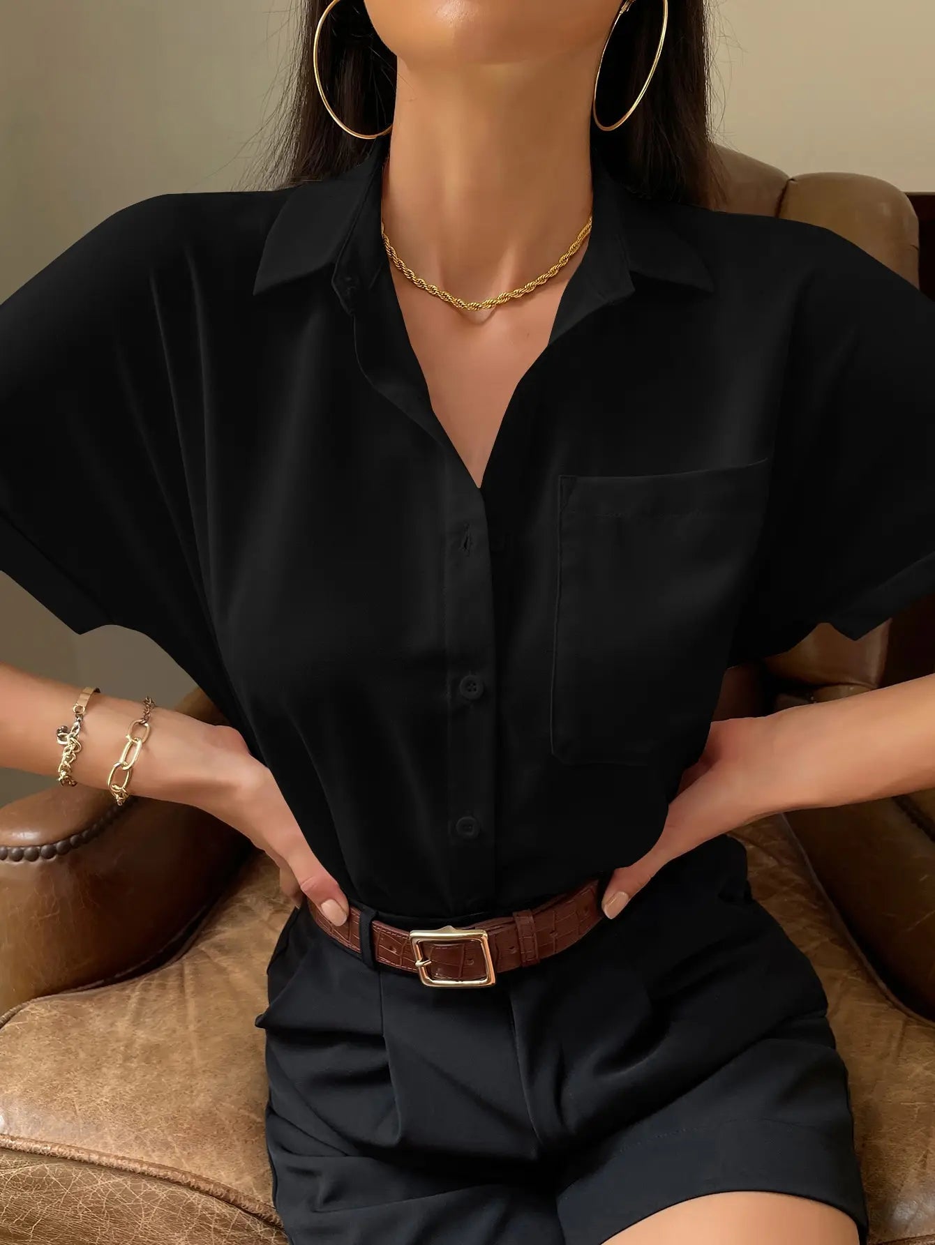 Chiffon Short-Sleeved Casual Blouse black / XS blouse-250223