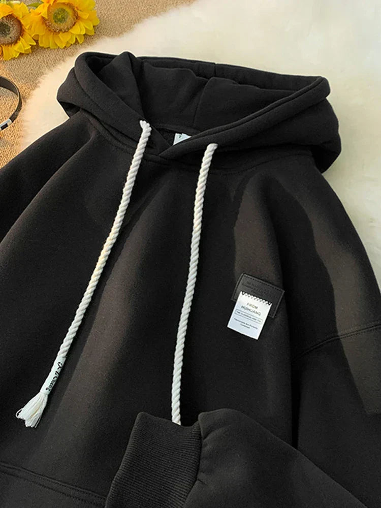 Solid Color Appliqué Oversized Fleece Hoodie Black / M(40-45KG)