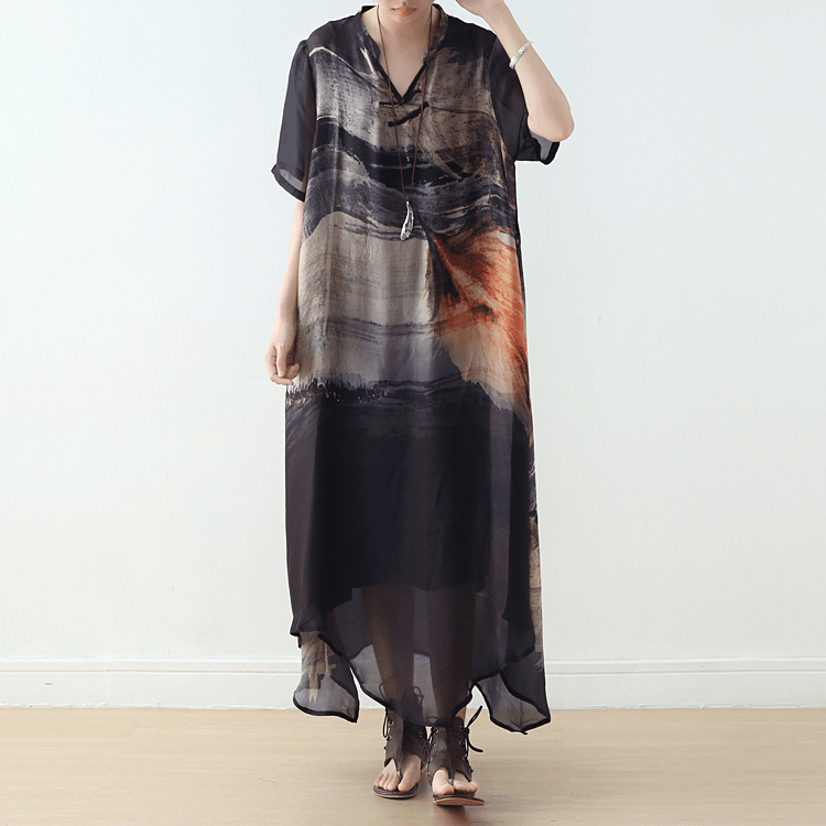 New Women's Retro Disc Button Loose Large Size Irregular Silk Printed Dress