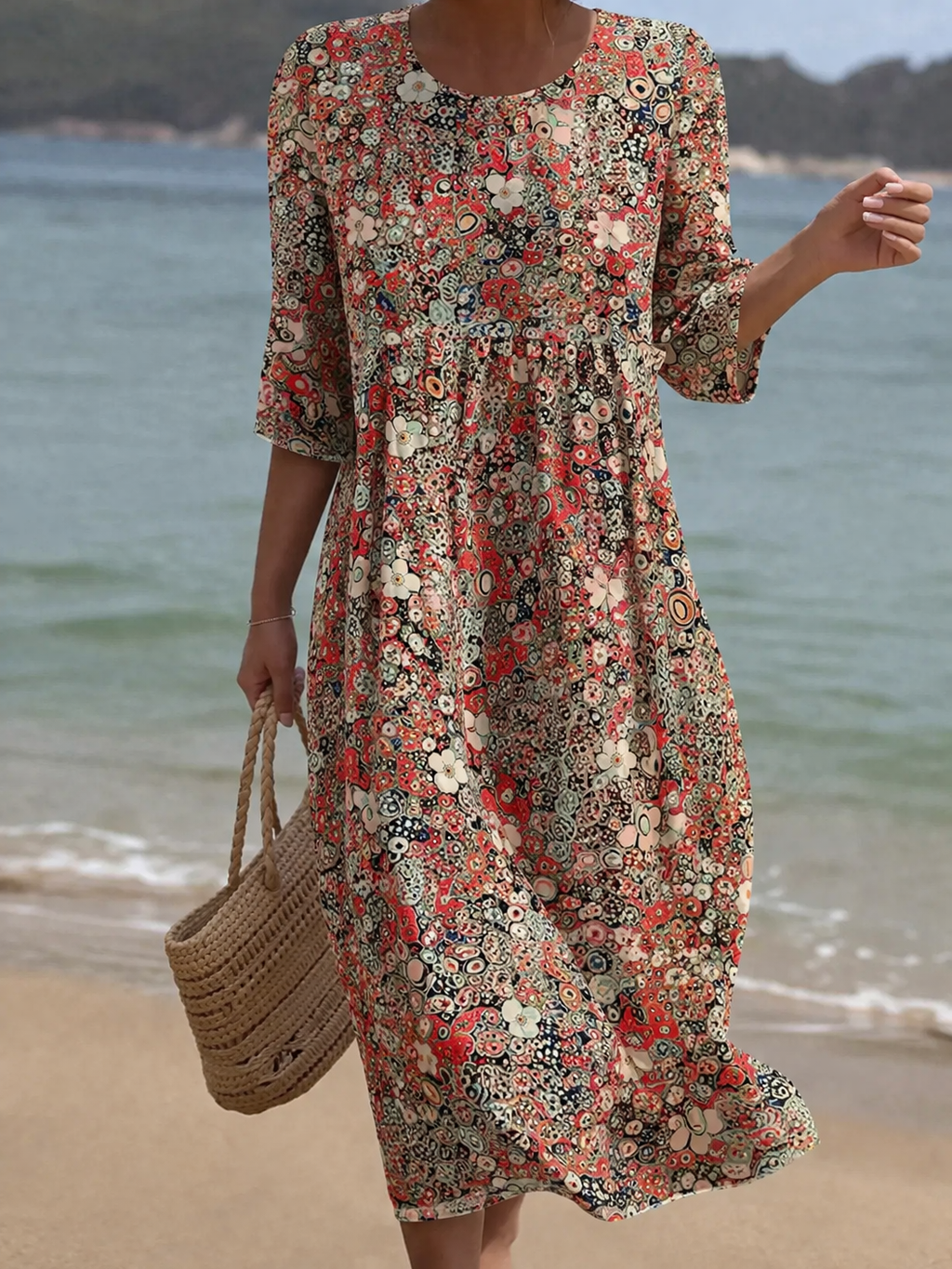 Round Neck Ditsy Floral Half Sleeve Smock Midi Dress