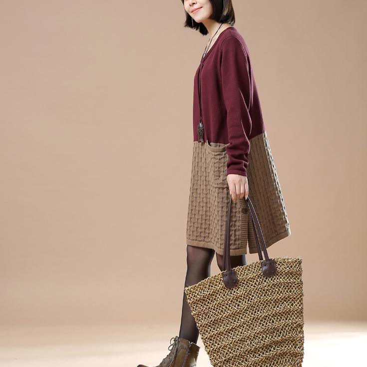 New pattern knit burgundy sweaters oversize dresses