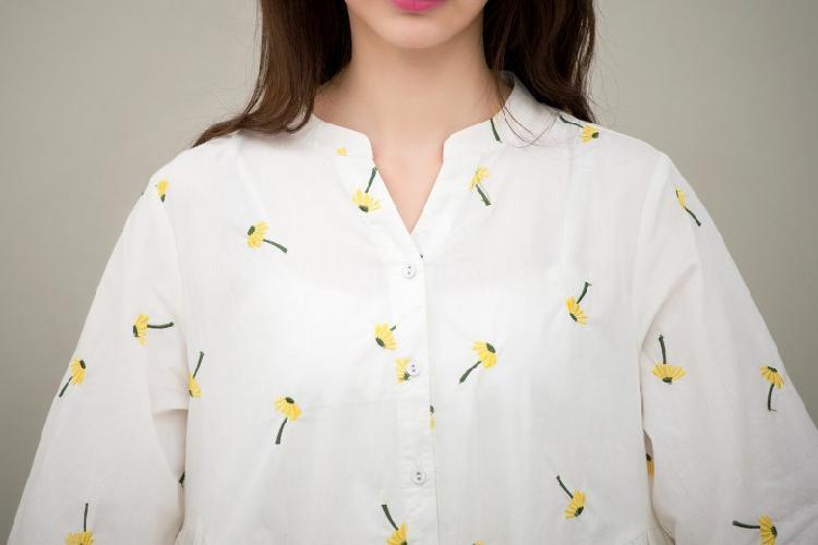 New white retro print cotton shift dress oversize shirt blouse sundress