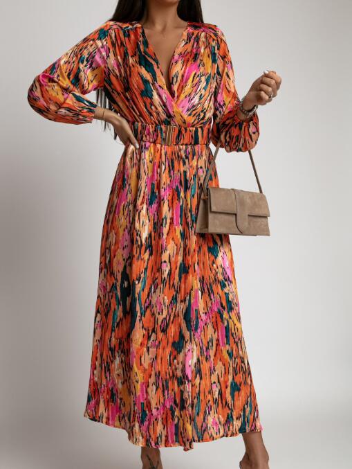 Hesperia Casual Midi A-line Dress with Natural Print and High Waist