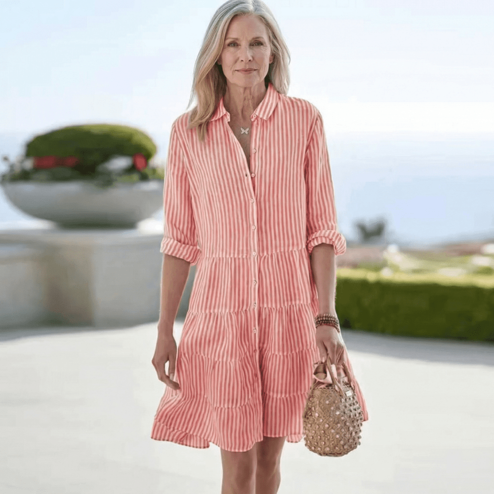 Collared Striped Long Sleeve Button Front Tiered Shirt Mini Dress 4