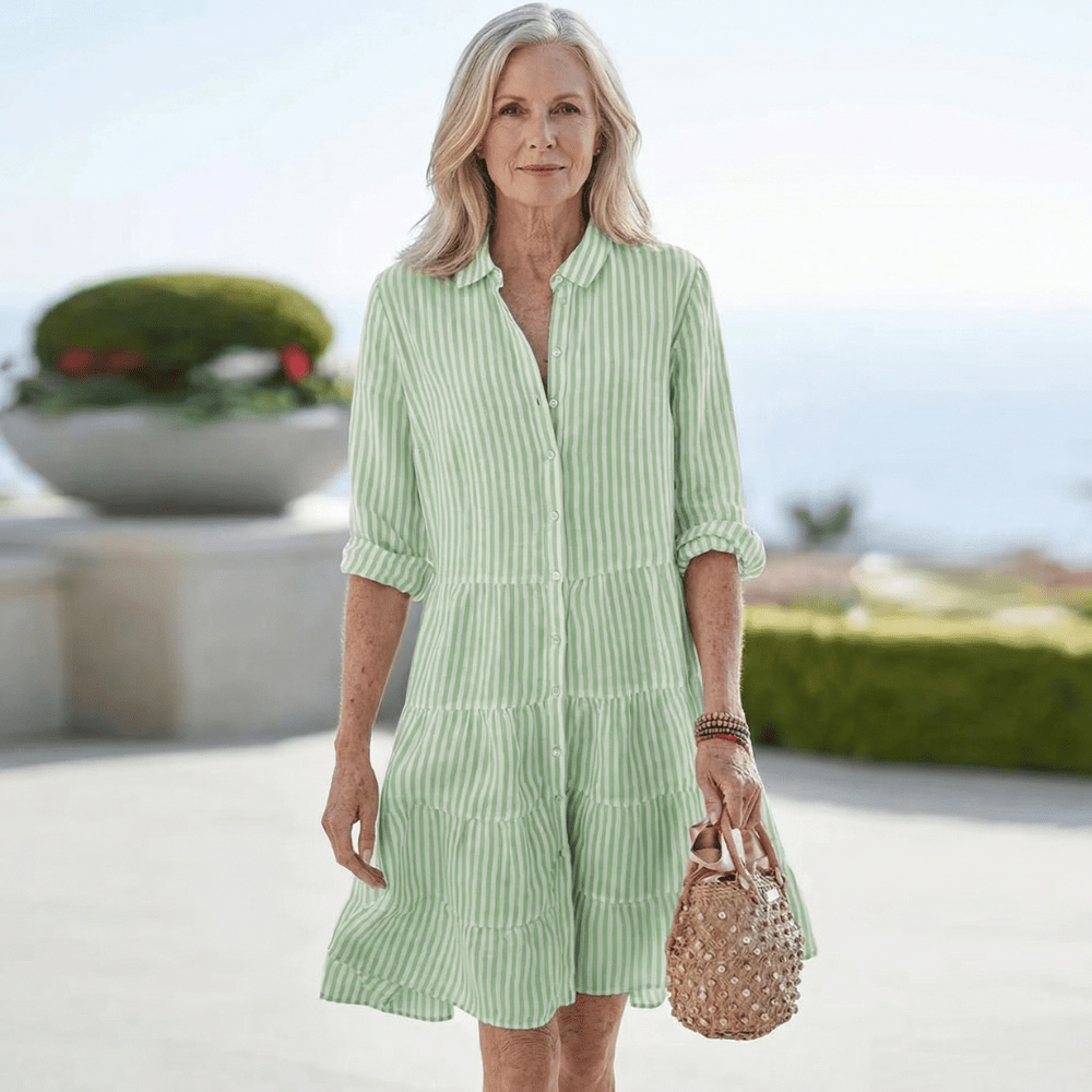 Collared Striped Long Sleeve Button Front Tiered Shirt Mini Dress 3