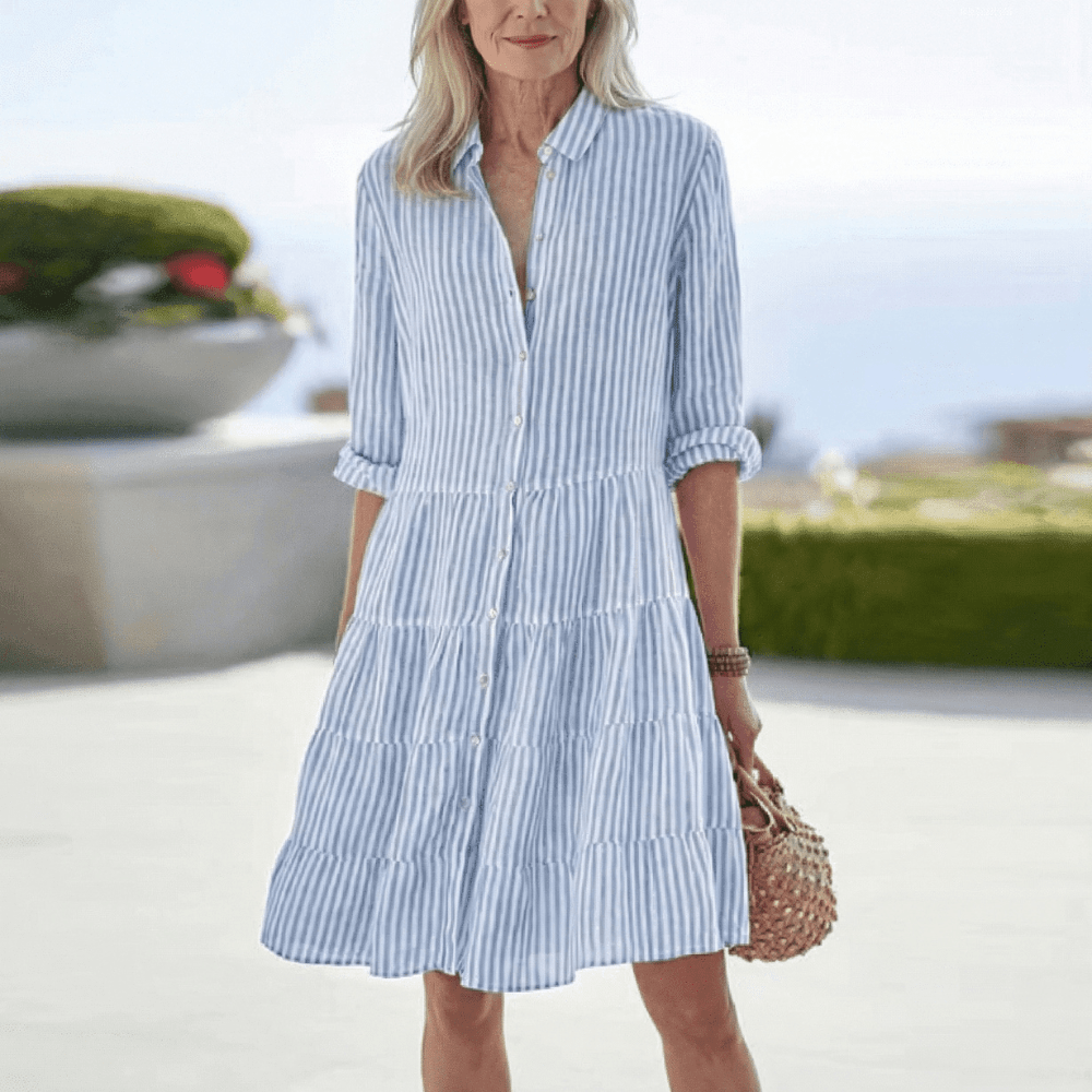 Collared Striped Long Sleeve Button Front Tiered Shirt Mini Dress 2