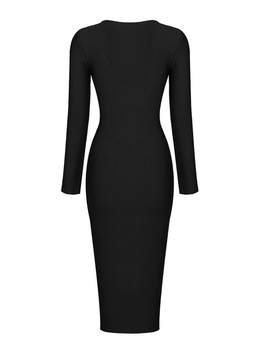 Long Sleeve Open Back Zipper Bandage Bodycon Midi Dress
