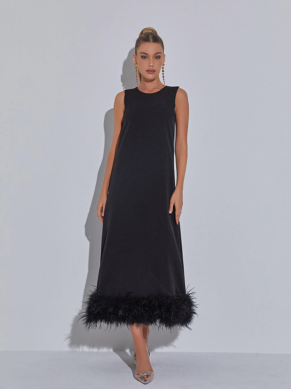 Round Neck Sleeveless Feather Trim Hem A-Line Midi Dress
