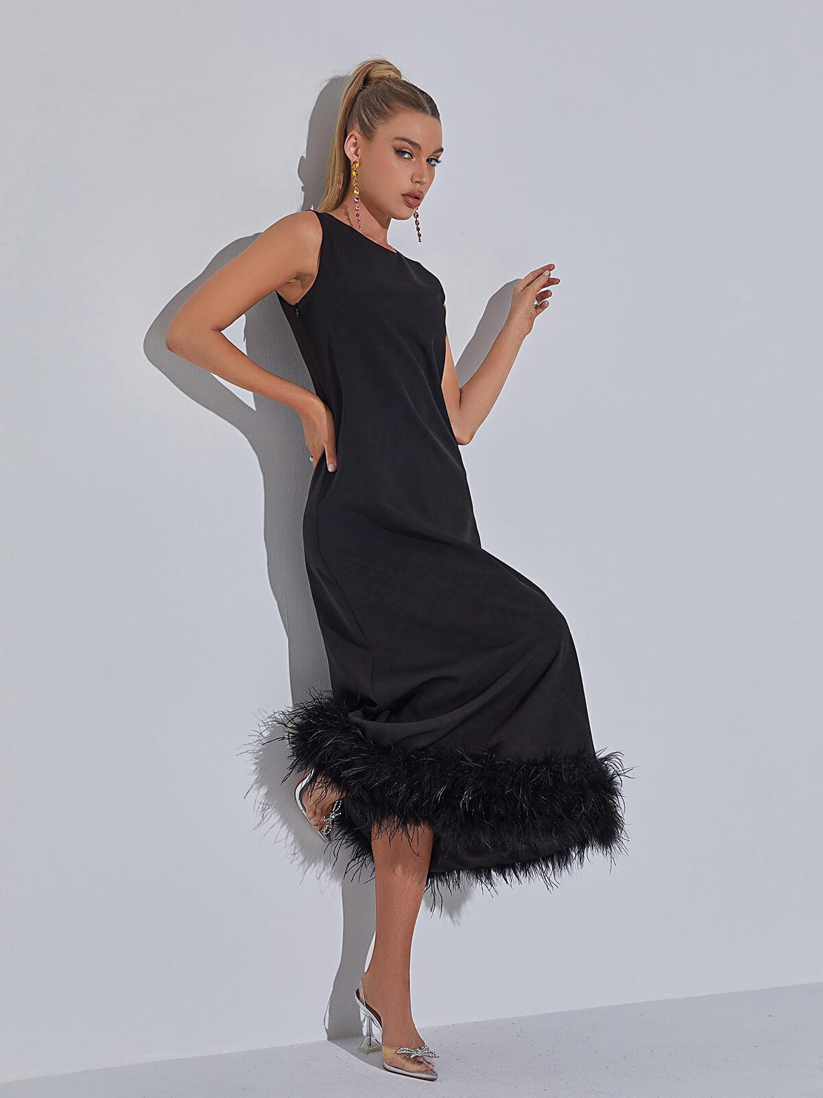 Round Neck Sleeveless Feather Trim Hem A-Line Midi Dress