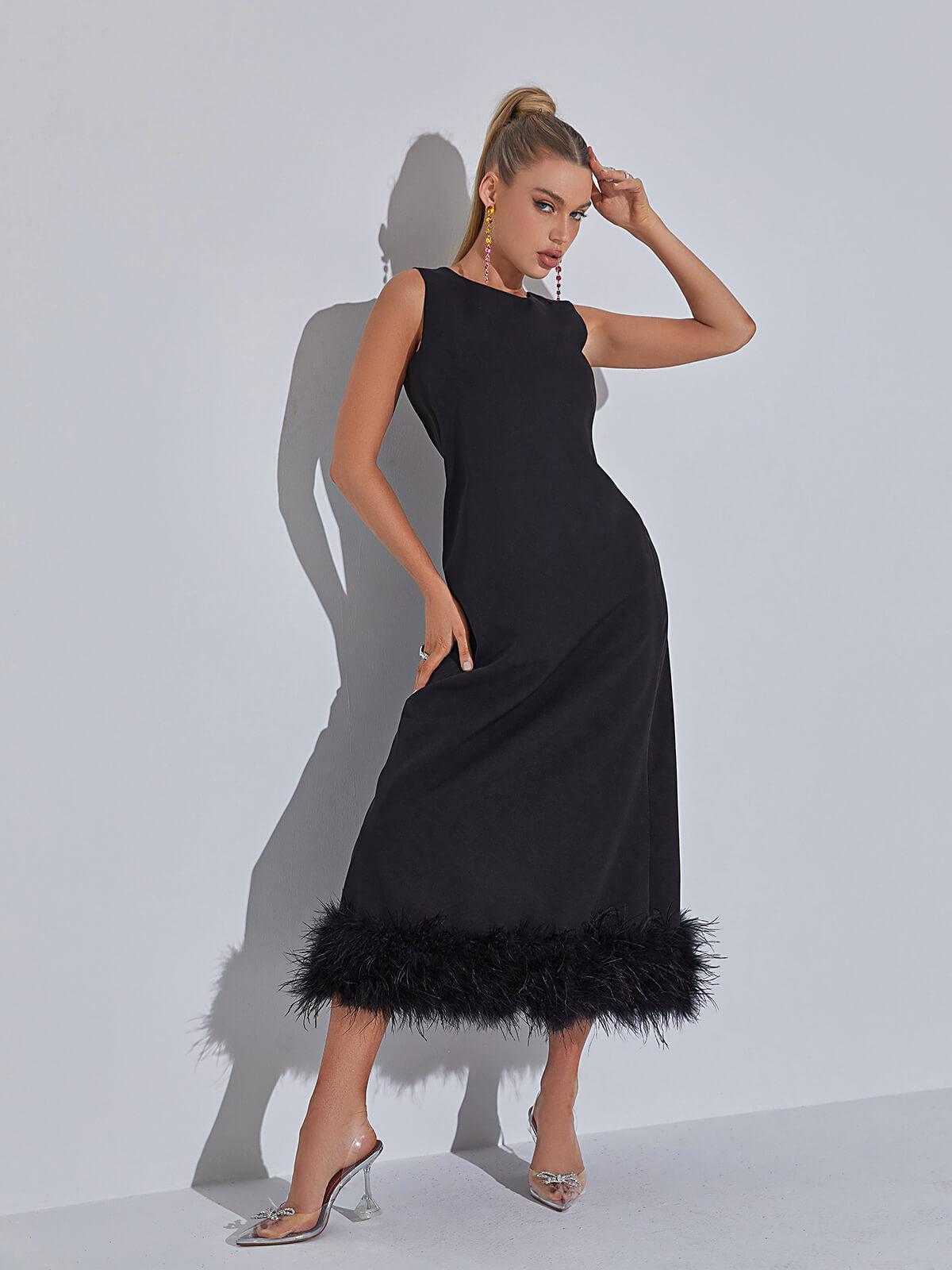 Round Neck Sleeveless Feather Trim Hem A-Line Midi Dress