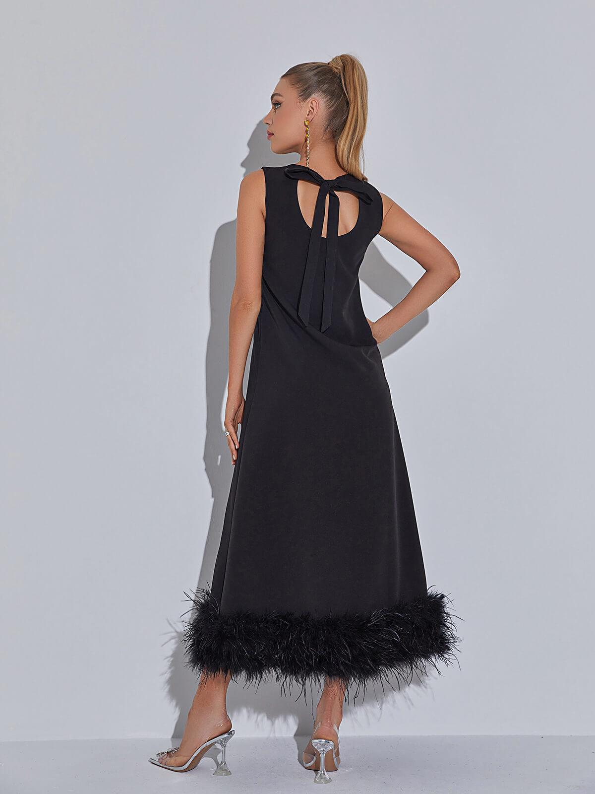 Round Neck Sleeveless Feather Trim Hem A-Line Midi Dress
